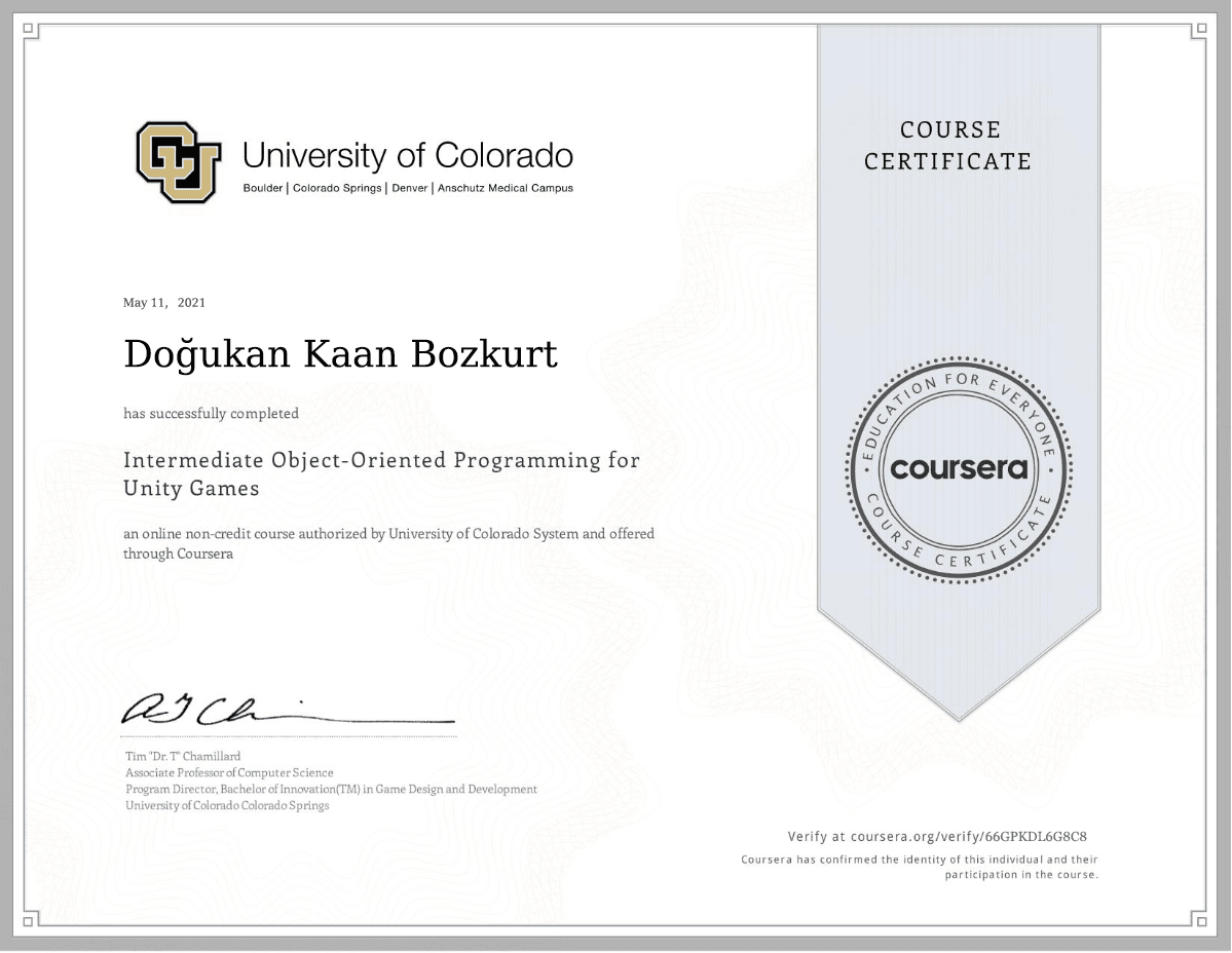 Intermediate Object-Oriented Programming for Unity certificate