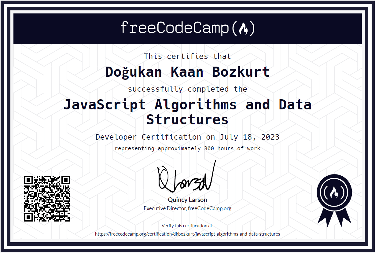 JavaScript Algorithms and Data Structures certificate