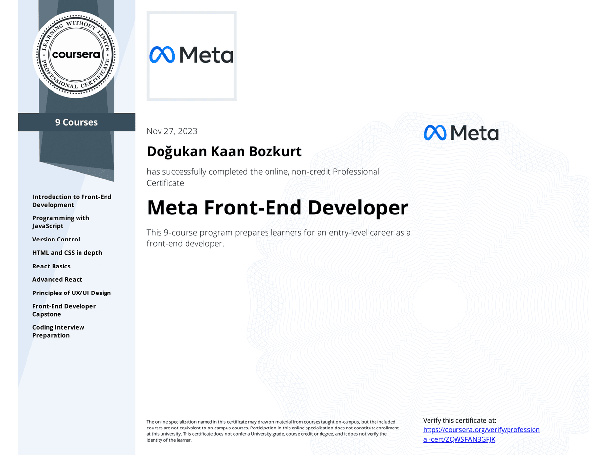 Professional Meta Front-End Developer Certificate certificate