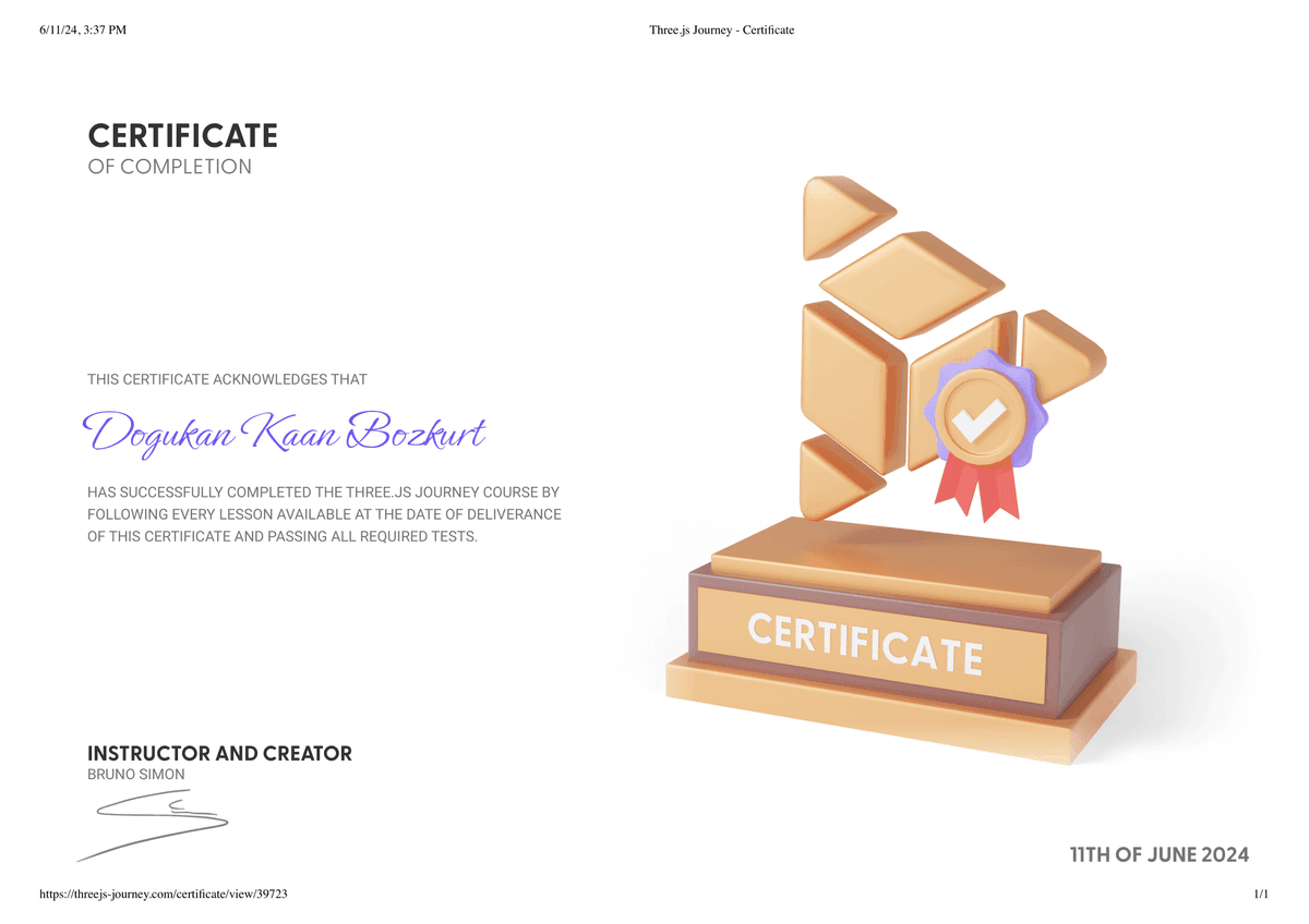 Three.js Journey certificate