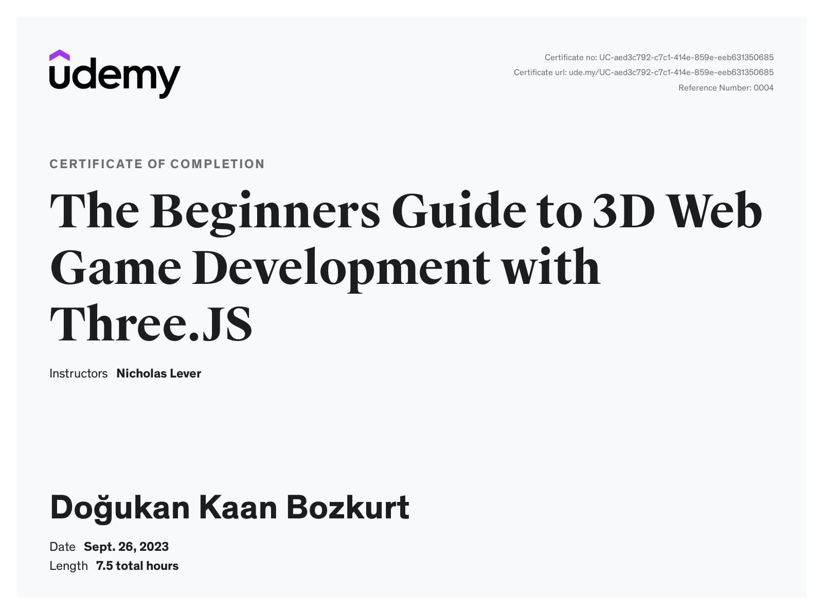 3D Web Game Development With Three.JS certificate